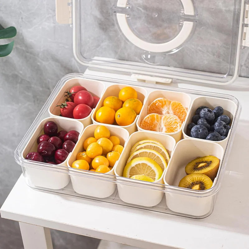 Bandeja para servir dividida de 8 rejillas, caja de almacenamiento portátil para cocina, caja separadora de condimentos de subformato, caja de comida para aperitivos y frutas para mantenimiento fresco