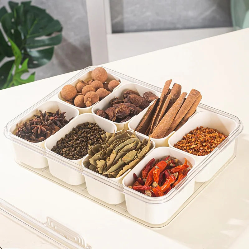 Bandeja para servir dividida de 8 rejillas, caja de almacenamiento portátil para cocina, caja separadora de condimentos de subformato, caja de comida para aperitivos y frutas para mantenimiento fresco